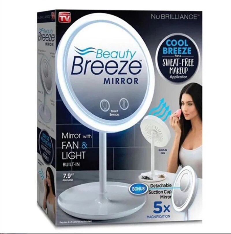 Breeze Mirror: Espejo de Maquillaje con Luz LED y Ventilador Incorporado Lupa 5x